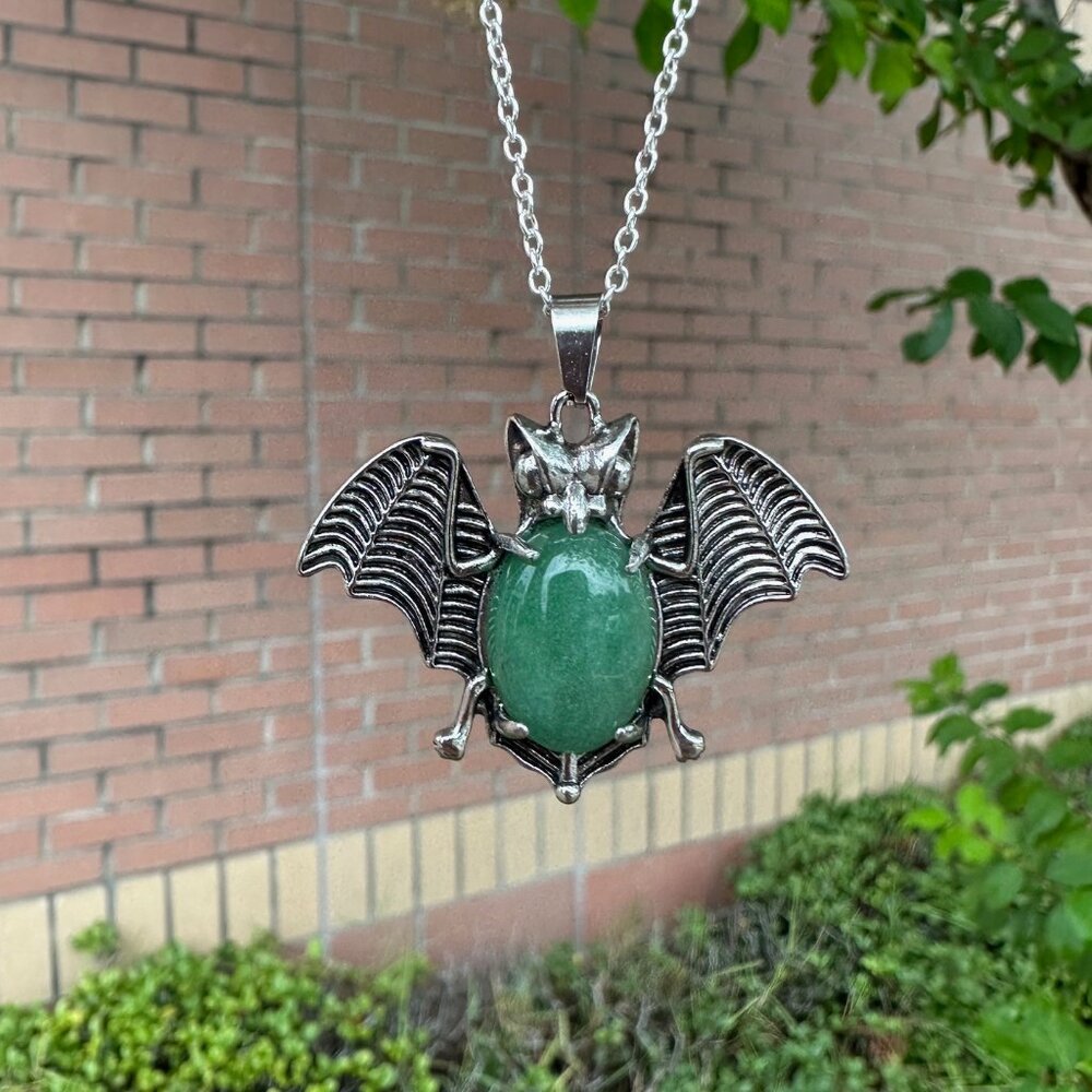 NEW Halloween Green Aventurine Bat Pendant Necklace